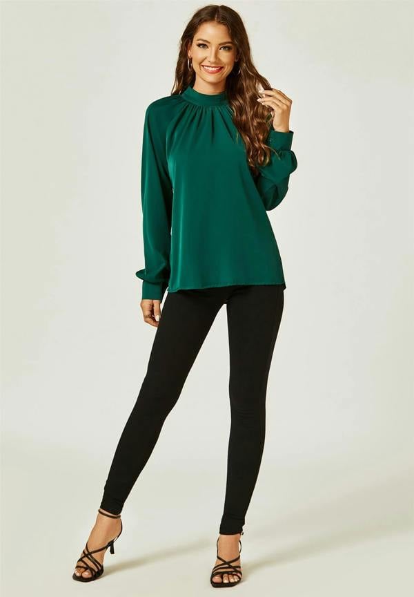 FS Collection Halter Neck Long Sleeve Blouse Top In Green