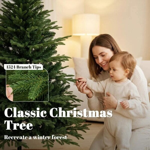 Bobobiy 150cm Artificial Christmas Tree Full Hinged Xmas Tree Solid Pine Wood Stand, Green