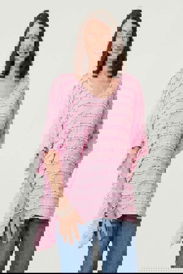 Pink | Textured 3/4 Batwing Sleeve Relaxed Top : Model is 5'8"/172 cm and wears UK10/EU38/US6/AUS10