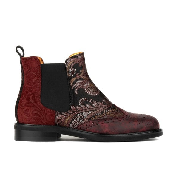Embassy London Mamacita - Floral & Burgundy - Women's chelsea boot with wingtip brogue detail