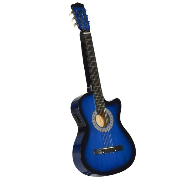 Blue glossy acoustic electric classical guitar with rosette sound hole and black bridge.