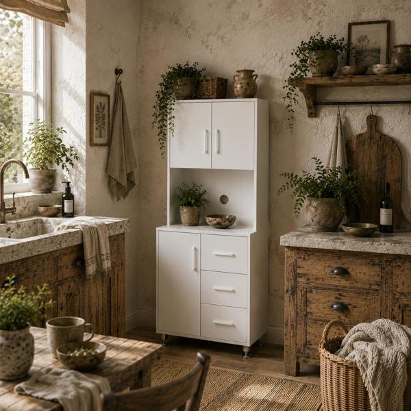 Wyld Haus Cohana Wooden White Modern Kitchen Cupboard With 3 Drawers And Open Counter