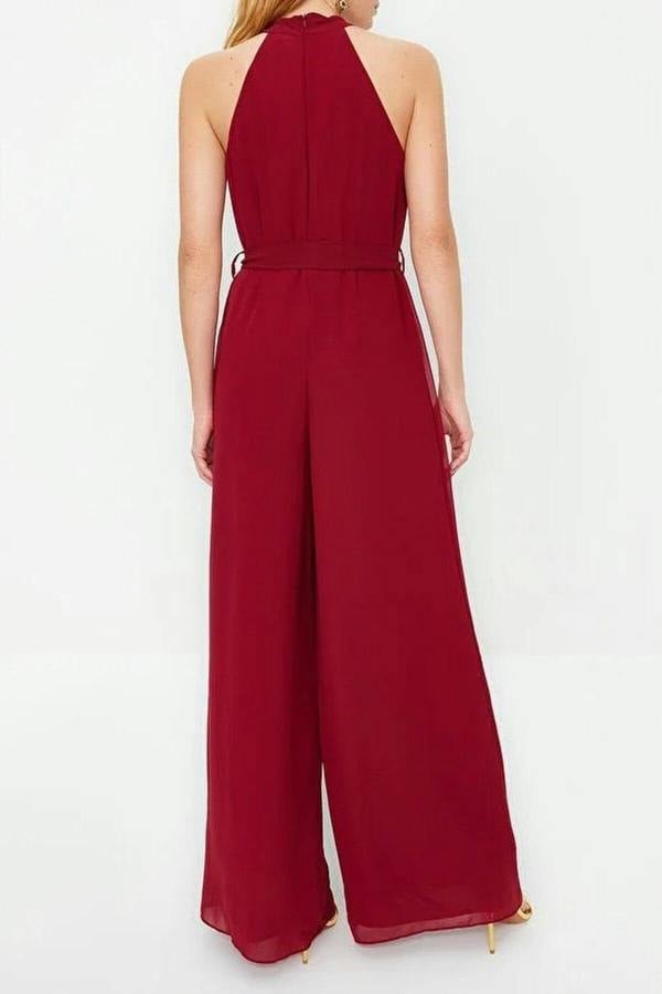 WOVCOR Belted Maxi Chiffon Lined Woven Jumpsuit