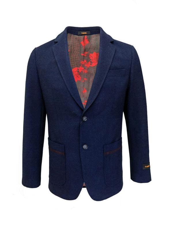 Navy slim fit tweed blazer by PAMONI, tailored jacket with classic pattern and structured fit, displayed on a hanger.