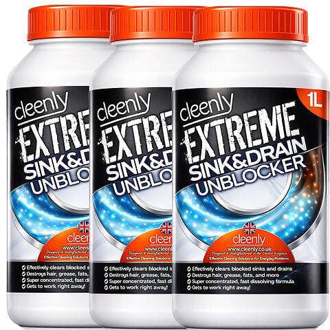 Cleenly Extreme Sink & Drain Cleaner & Unblocker Liquid (3x1 Litre) - Heavy Duty Formula for Bathroom, Kitchen, Drains, and More