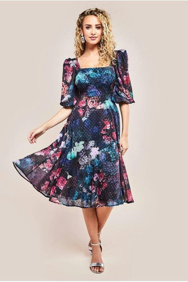 Goddiva Puff Sleeve Shirred Back Midi Dress - Black by Goddiva