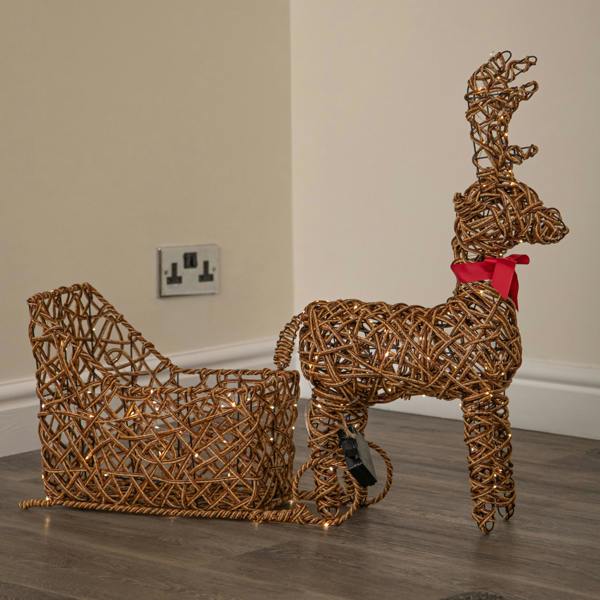 Samuel Alexander 82cm Battery Powered Light Up Rattan Reindeer & Sleigh with 120 LEDs and Timer