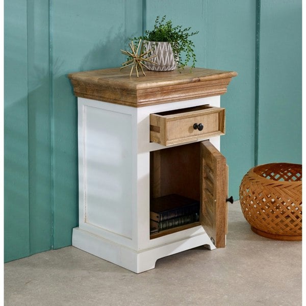 IH Design Milano Solid Mango Wood White Bedside Cabinet with 1 Darwer & 1 Door