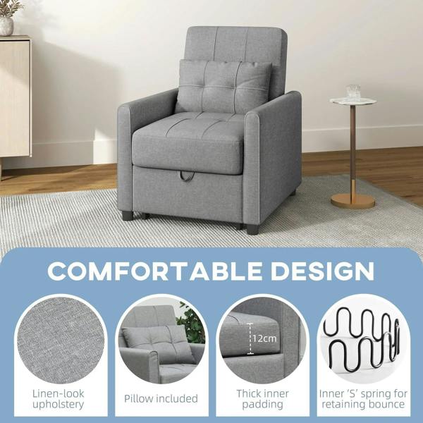 Light grey single chair bed with tufted seat, rounded arms, and tall backrest