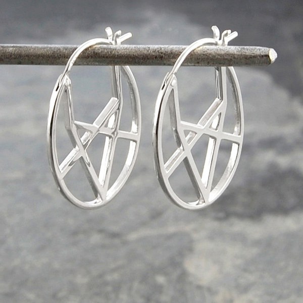 Oval Shaped Geometric Silver Hoop Earrings