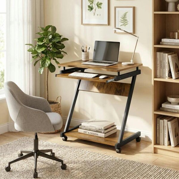 Movable Computer Desk with 4 Moving Wheels and Keyboard Tray - Rustic Brown