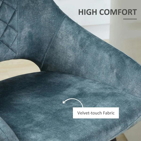 Blue velvet-touch upholstered bar stool seat with quilted stitching and curved armrests