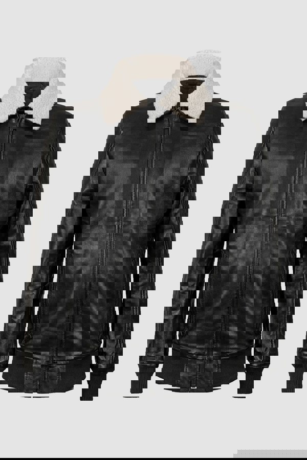 Mens Detachable Borg Collar Black Genuine Leather Jacket