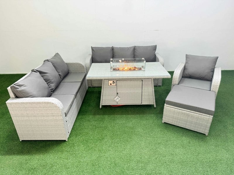 Fimous 8 Seater Rattan Outdoor Garden Furniture Fire Pit Dining Table Sofa Set 3 Seater Sofa Reclining Chair 3 Seater Sofa Big Footstool Light Grey