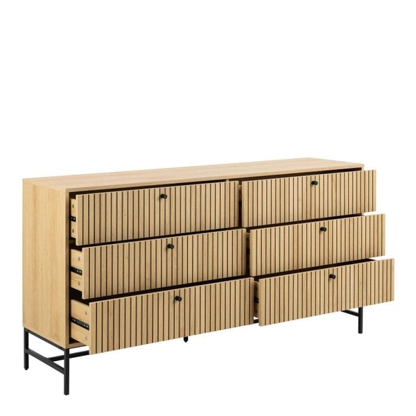 Wyld Haus Bjork Natural Oak Wood and Black Panelled Wide Chest of 6 Drawers