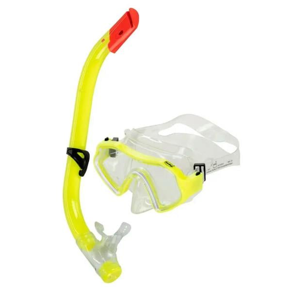 Fashy yellow children snorkel set with clear mask and red mouthpiece