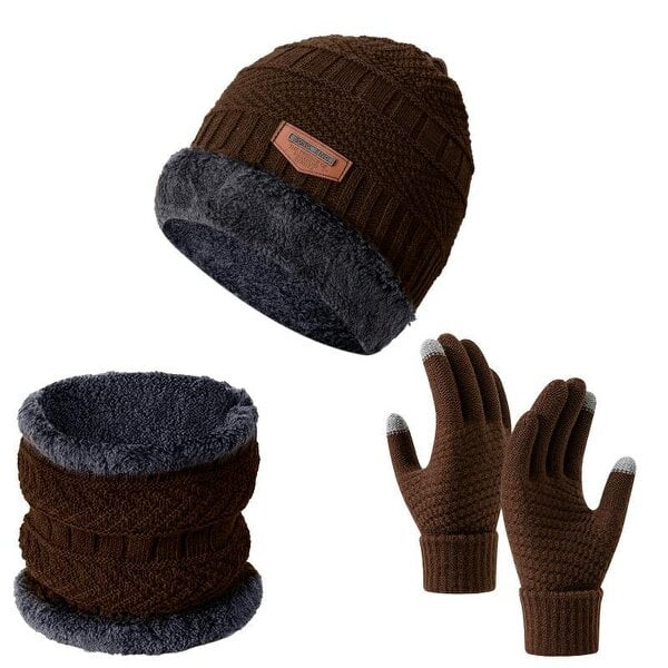 Obasyhig Fleece-Lined Knitted Winter 3-Piece Set - Brown - Style 2