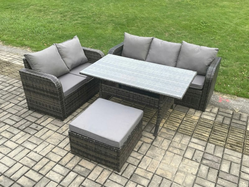 Fimous Outdoor Garden Patio Furniture Wicker Rattan Oblong Rectangular Dining Table and Lounge Sofa set with Big Footstool Dark Grey Mixed