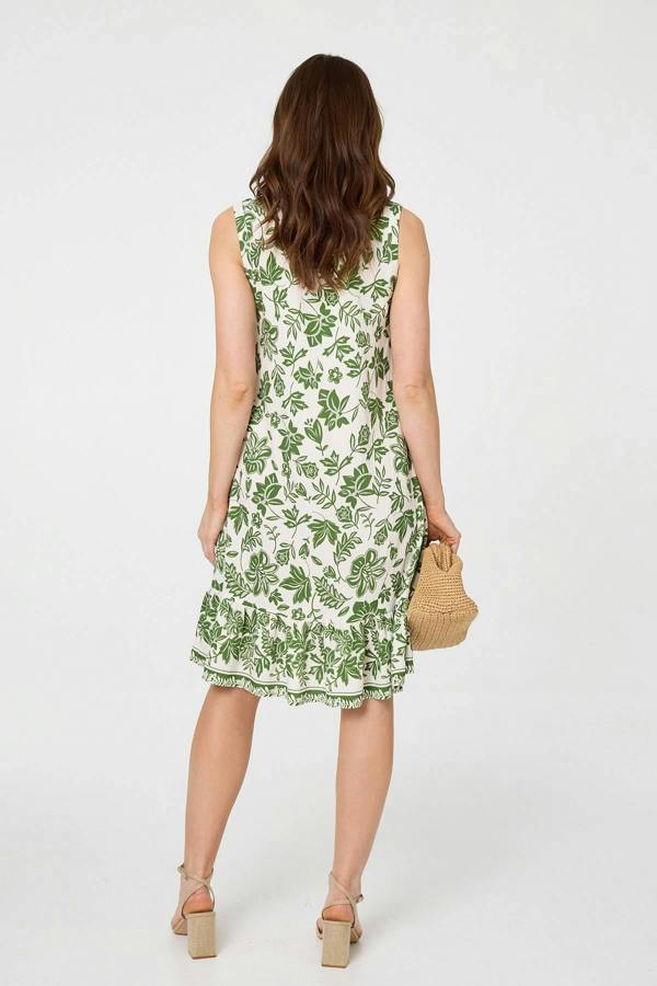 Green | Leaf Print Knee Length Sleeveless Dress