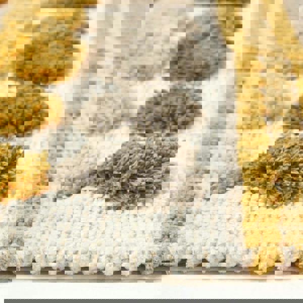 HOMESCAPES Modern Cotton Rug Grey Yellow Chenille Striped Hand Tufted Circles