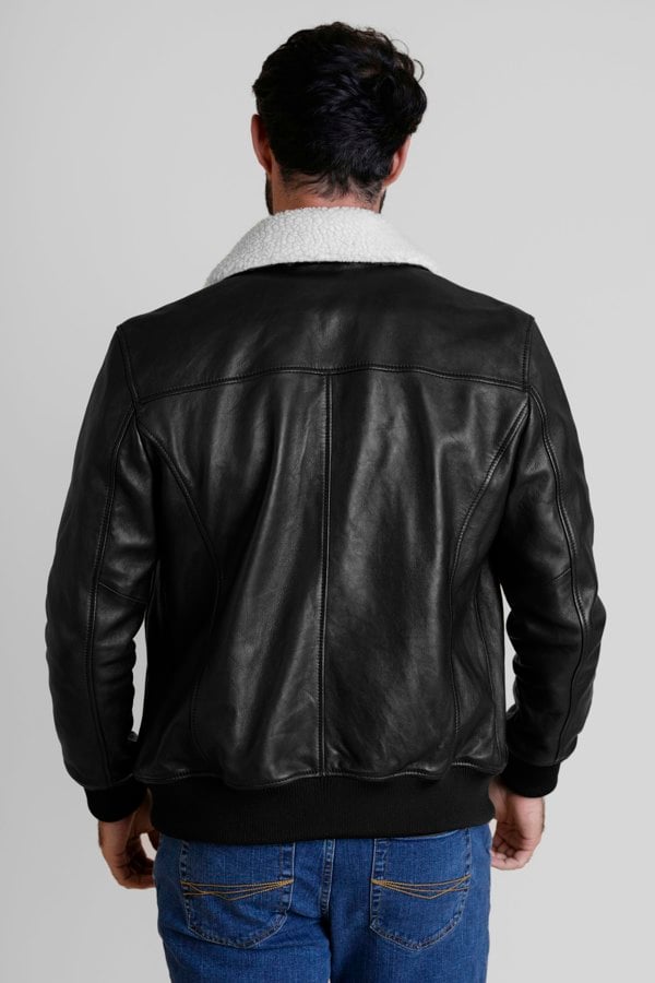 Mens Detachable Borg Collar Black Genuine Leather Jacket