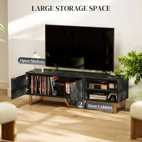 Wyld Haus Baseva 140cm Wooden Black and Gold Marble Effect TV Unit With Fluted Doors For Screens Up To 70 Inches
