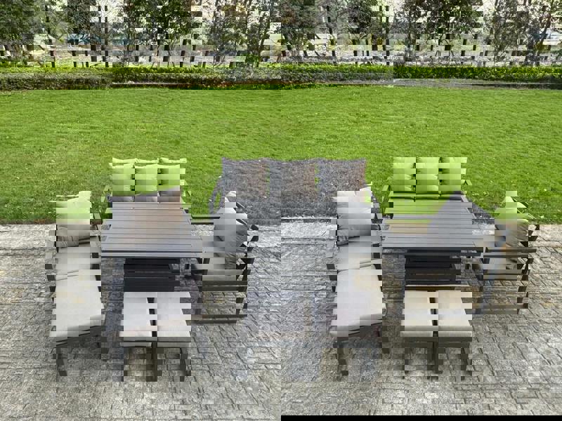 Fimous Aluminium Garden Furniture Sets 8 Seater Outdoor Sofa Set with Adjustable Rising Dining Table 2 Chairs 3 Footstools - Dark Grey