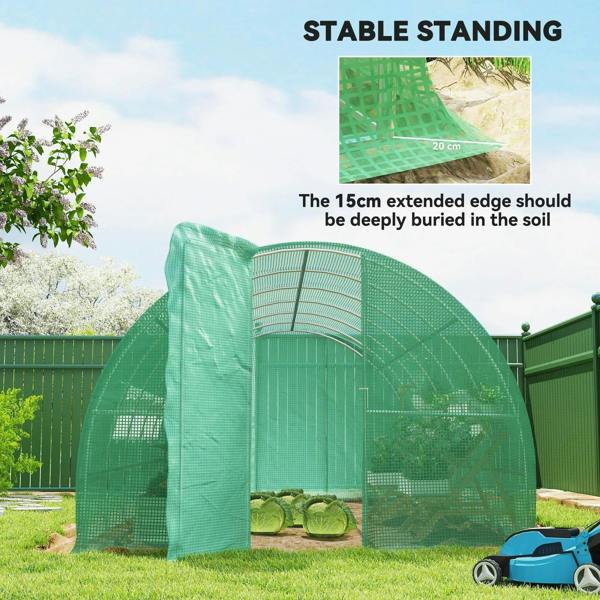 Green walk-in polytunnel greenhouse with door and roll-up mesh front opening