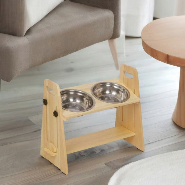 Rafaelo Mobilia Elevated Wooden Adjustable Dog Bowl Food Stand Natural Brown