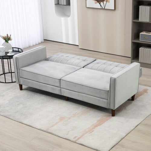 Wyld Haus Sasari Velvet Light Grey Convertible Futon Sofa Bed With Tufted Seat And Split Back
