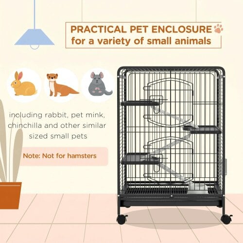 PawHut 4 Levels Small Animal Cage w/ Ramps, Bowl, Water Bottle, Tray, Wheels