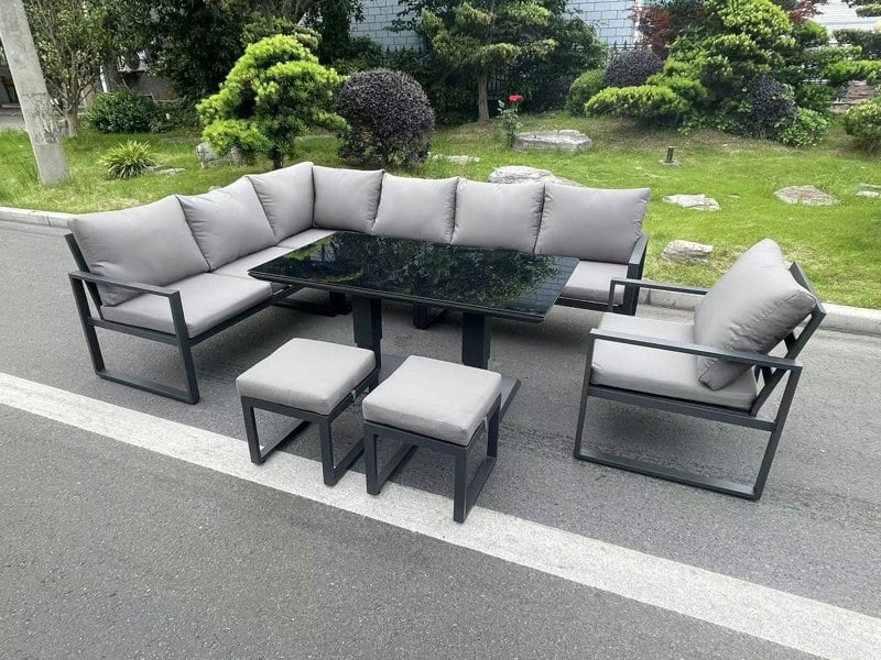 Fimous Aluminium Outdoor Garden Furniture Corner Sofa Chair Footstools Adjustable Rising Dining Table Set Dark Grey Black Tempered Glass 9 Seater