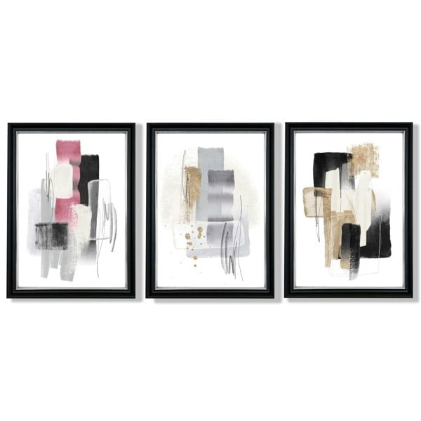Set of 3 Abstract Black Pink and Silver Framed Art Prints with Vermeer Black and Silver Frames