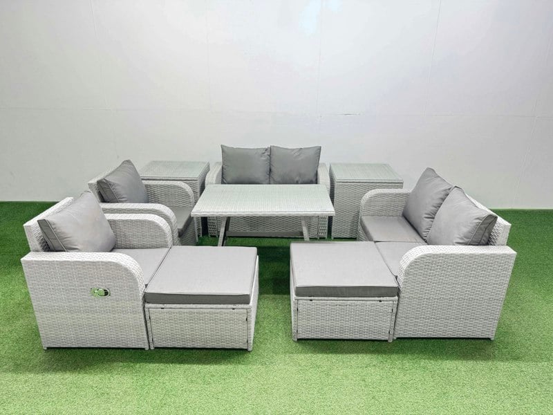 Fimous 8 Seater Rattan Garden Furniture Set Outdoor Love Sofa Set with Rectangular Dining Table 2 Side Tables 2 Big Footstools Light Grey