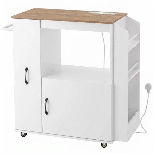Kitchen Trolley on Wheels, Rolling Kitchen Island Cart with Power Outlet, Cabinet, Pull-Out Drawer, White