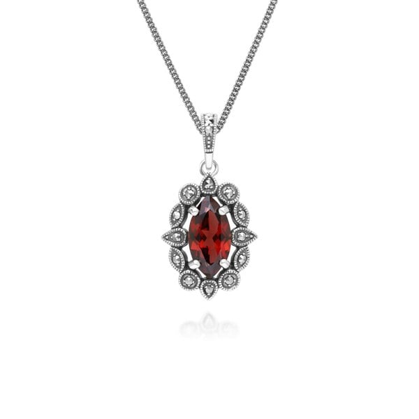 Gemondo Art Deco Style Marquise Garnet & Marcasite Pendant Necklace in Sterling Silver