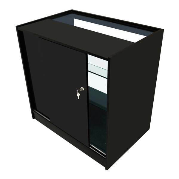 Astro LED Shop Counter Set in sleek black, featuring a glass top, sliding door, and interior shelves for organized display