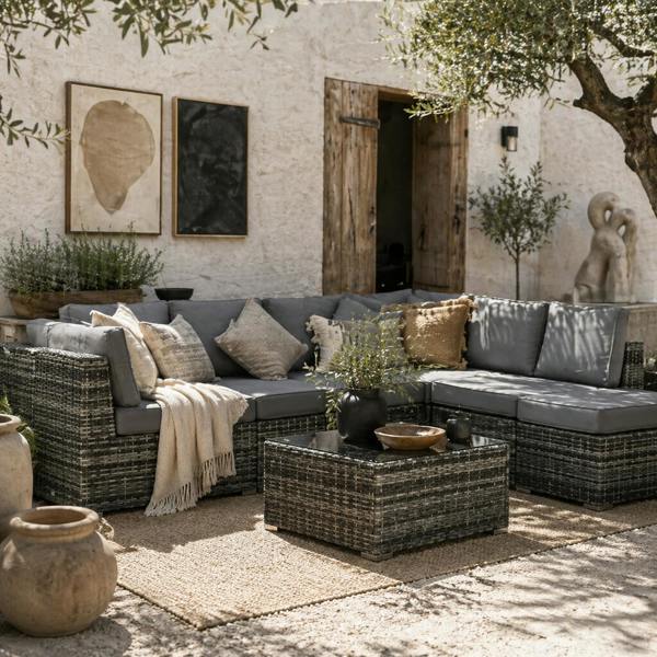 Wyld Haus Rero Rattan Grey 5 Seater Corner Sofa Set With Glass Table