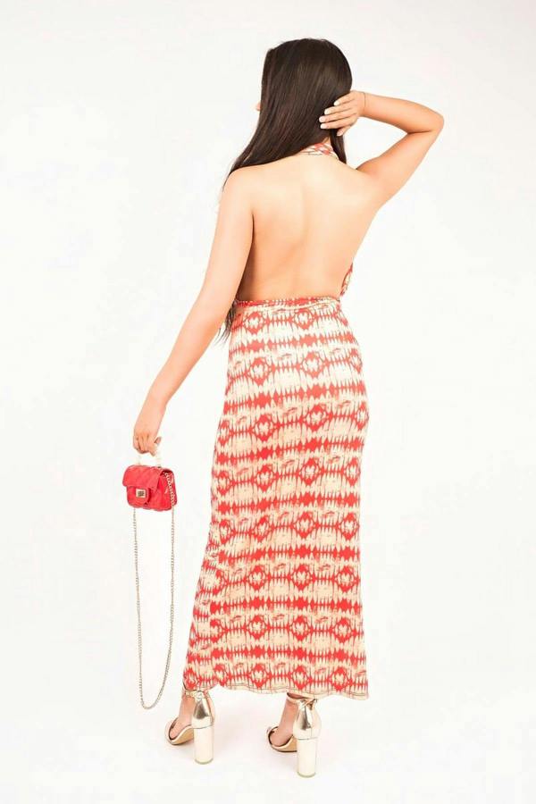 Seraya Halter Neck Ruched Abstract Print Midi Dress - Red
