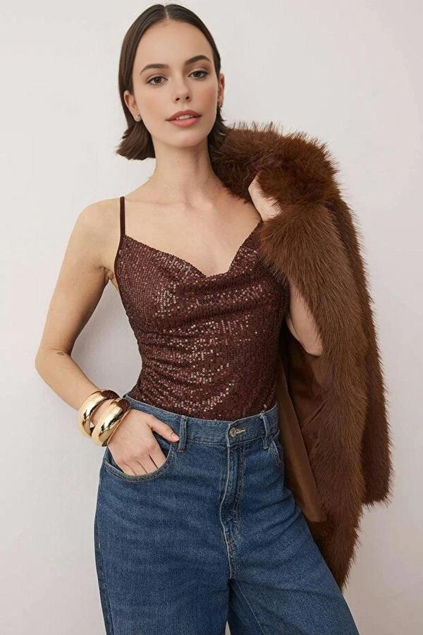 WOVCOR Sequin Knit Bodysuit with Cowl Neck Straps