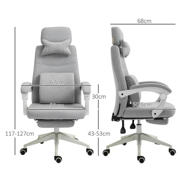 Light grey fabric office chair shown front and side views with reclining back and footrest