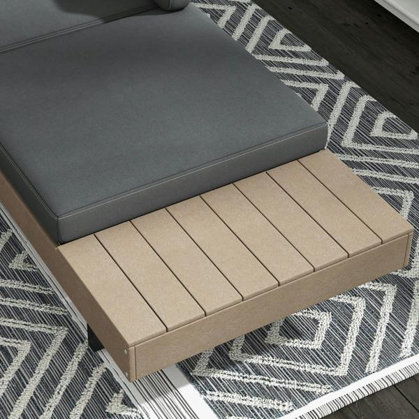 Grey padded sofa seat with light wood slat base on outdoor set