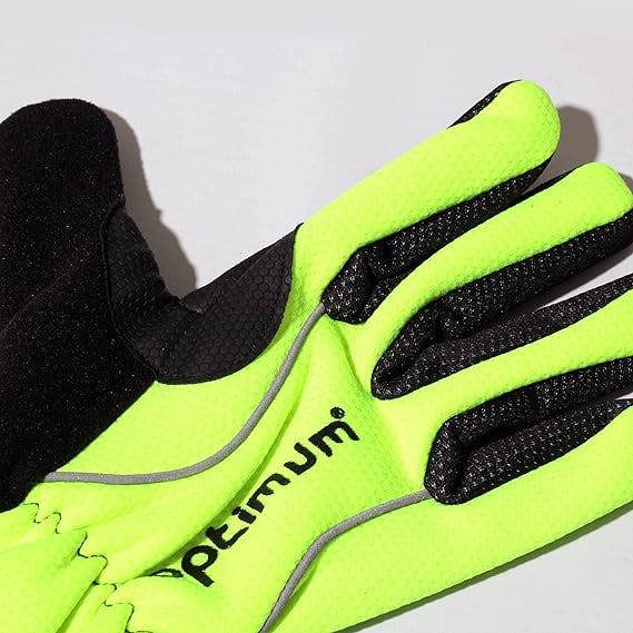 Close-up of fluorescent yellow winter cycling glove fingers with black grippy palm, on grey - Optimum