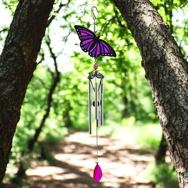 EDH Door Hardware Suncatcher Purple Butterfly Wind Chime (58cm x 14cm x 6cm) – Handmade Metal & Glass Hanging Chime – Outdoor Garden Ornament
