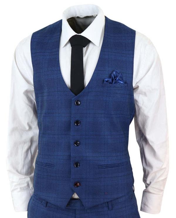 Marc Darcy Mens 3 Piece Blue Birdseye Check Classic Suit