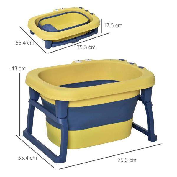 Yellow and navy baby bathtub with stool legs and wide, rounded rim