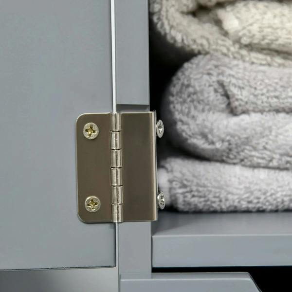 Grey cabinet door hinge and gold-toned screws hardware close-up.