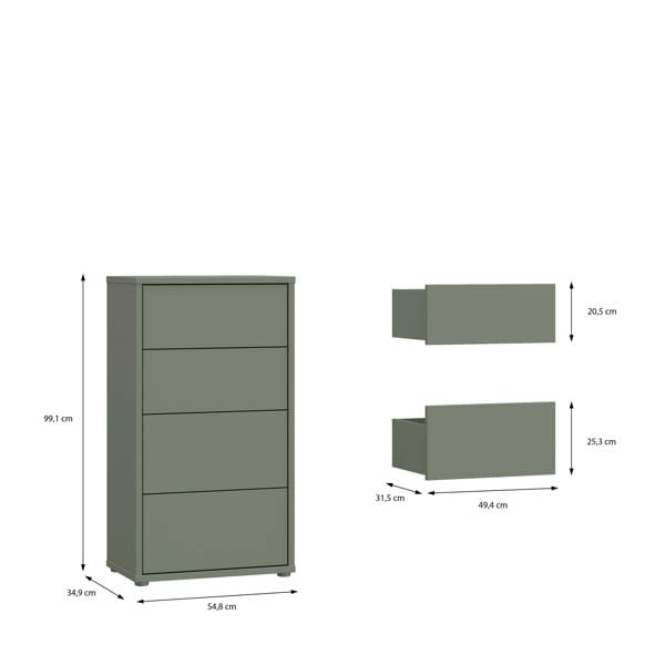 Alice Springs Tall 4 Drawer Chest with Push-to-Open Drawers in Sage Green