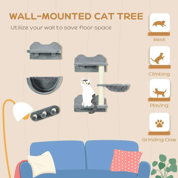 Grey 4-piece wall-mounted cat tree set with hammock nest and scratching ladder