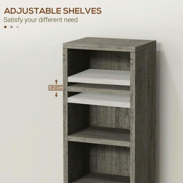 Dark wood-effect CD storage unit with adjustable internal shelves and open cubbies.